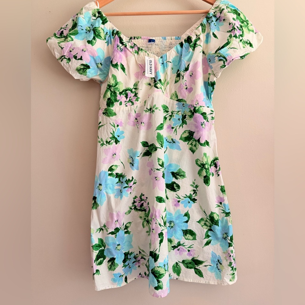 NWT Old‎ Navy Womens Ivory Green Purple Floral Puff Sleeve Mini Dress MEDIUM - Picture 3 of 14